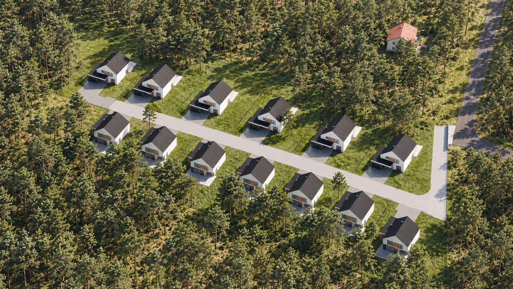 Widok z góry Osiedla Sosinki — 13 domów w dwóch rzędach